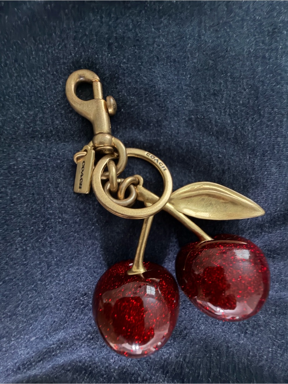 Coach Gold-Tone Cherry Key & Card Holder Charm with Red Glitter Cherries